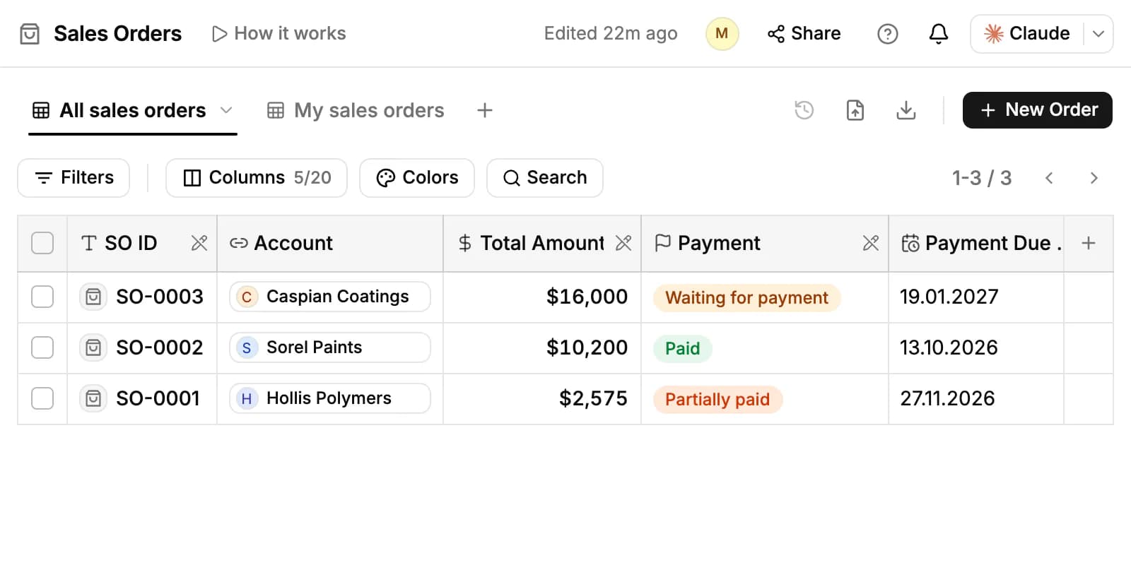 The Sales Orders page: three orders with their account, total amount, payment status (Waiting for payment, Paid, Partially paid) and payment due date