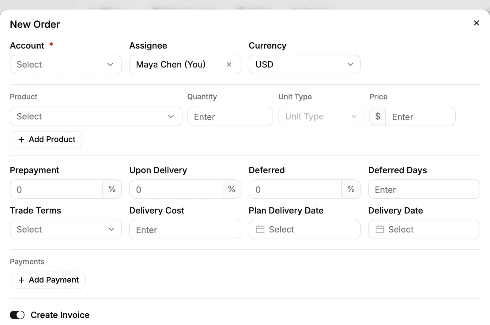 The New Order window: account, assignee and currency, a product line, payment percentages, trade terms, delivery cost and dates, payments and the Create Invoice switch