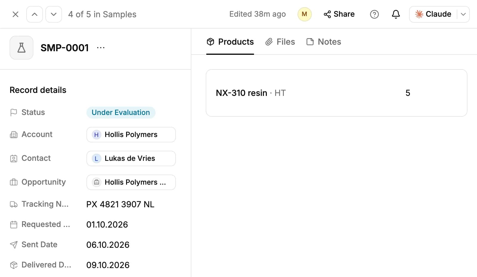Sample SMP-0001: status Under Evaluation, its account, contact, opportunity, tracking number, and requested, sent and delivered dates, beside the product it contains