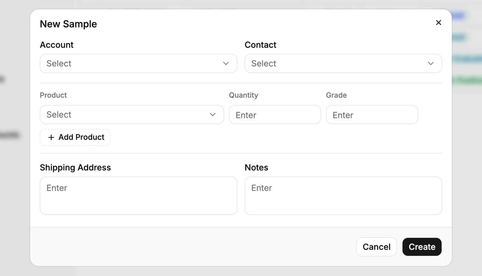 The New Sample window: Account and Contact, a product line with quantity and grade, Add Product, and the shipping address and notes