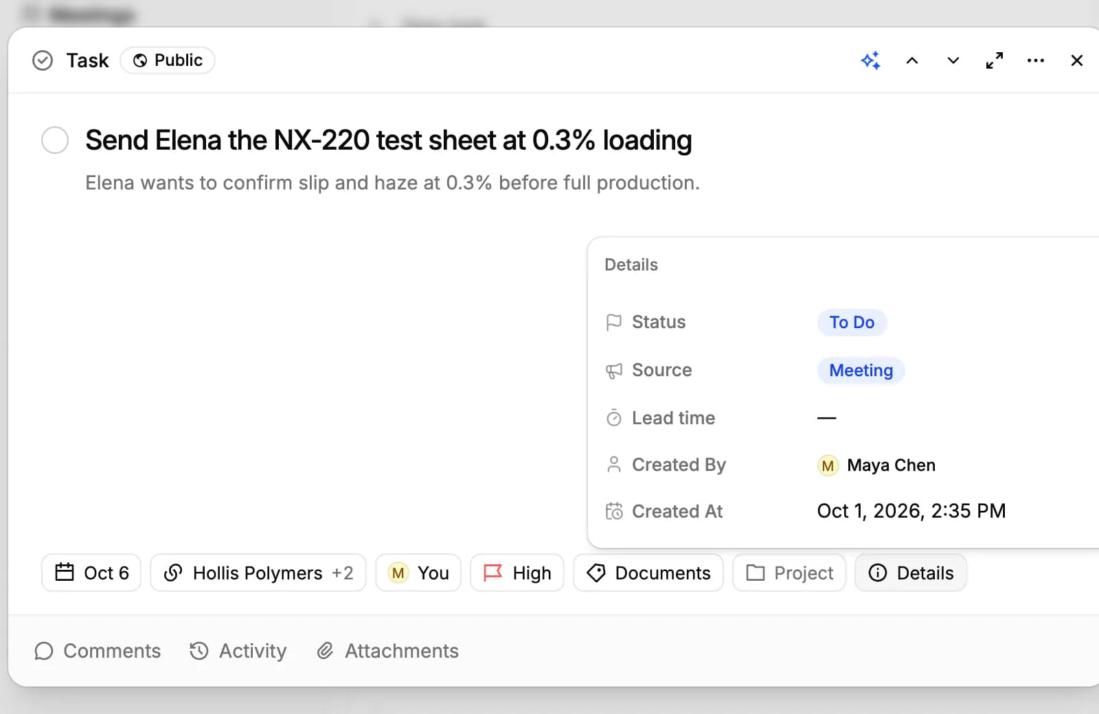 A task created from a meeting, opened with its Details: status To Do, source Meeting, who created it and when