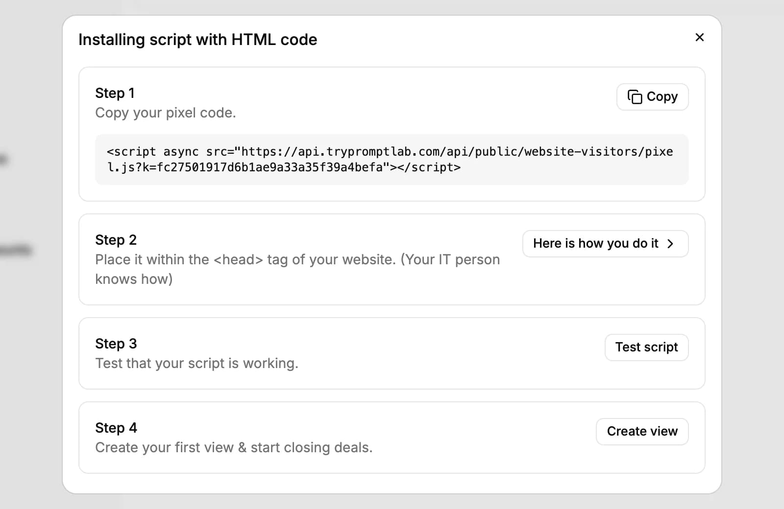 Installing script with HTML code: the pixel code with a Copy button, then Here is how you do it, Test script and Create view