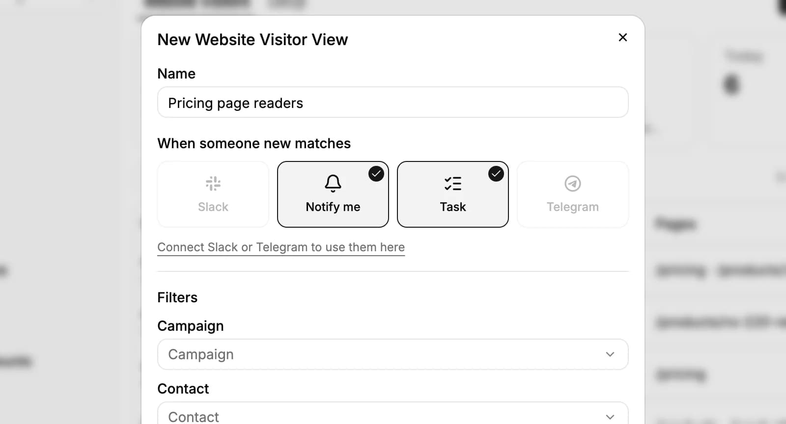 The New Website Visitor View dialog: the name Pricing page readers, Notify me and Task picked under When someone new matches, and the first filters