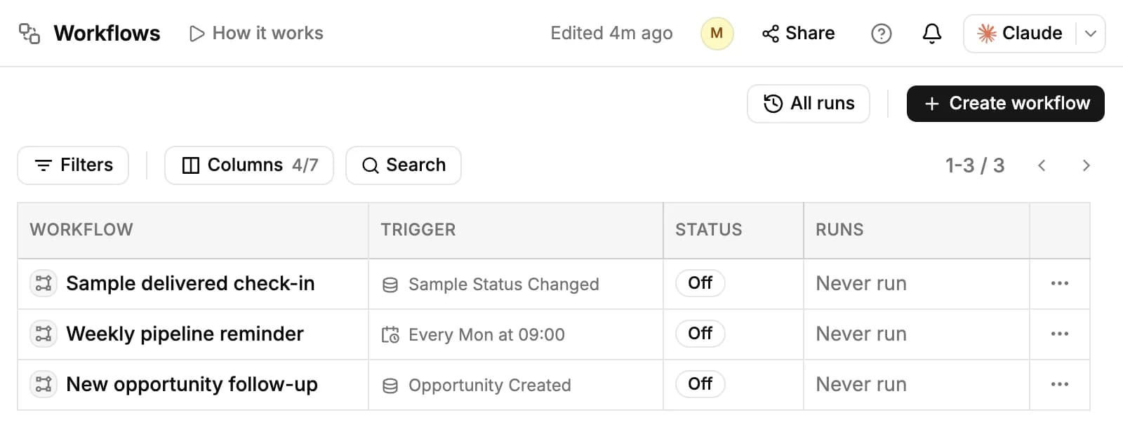 The Workflows page: All runs and Create workflow buttons, and a table of three workflows with their trigger, an Off status and Never run
