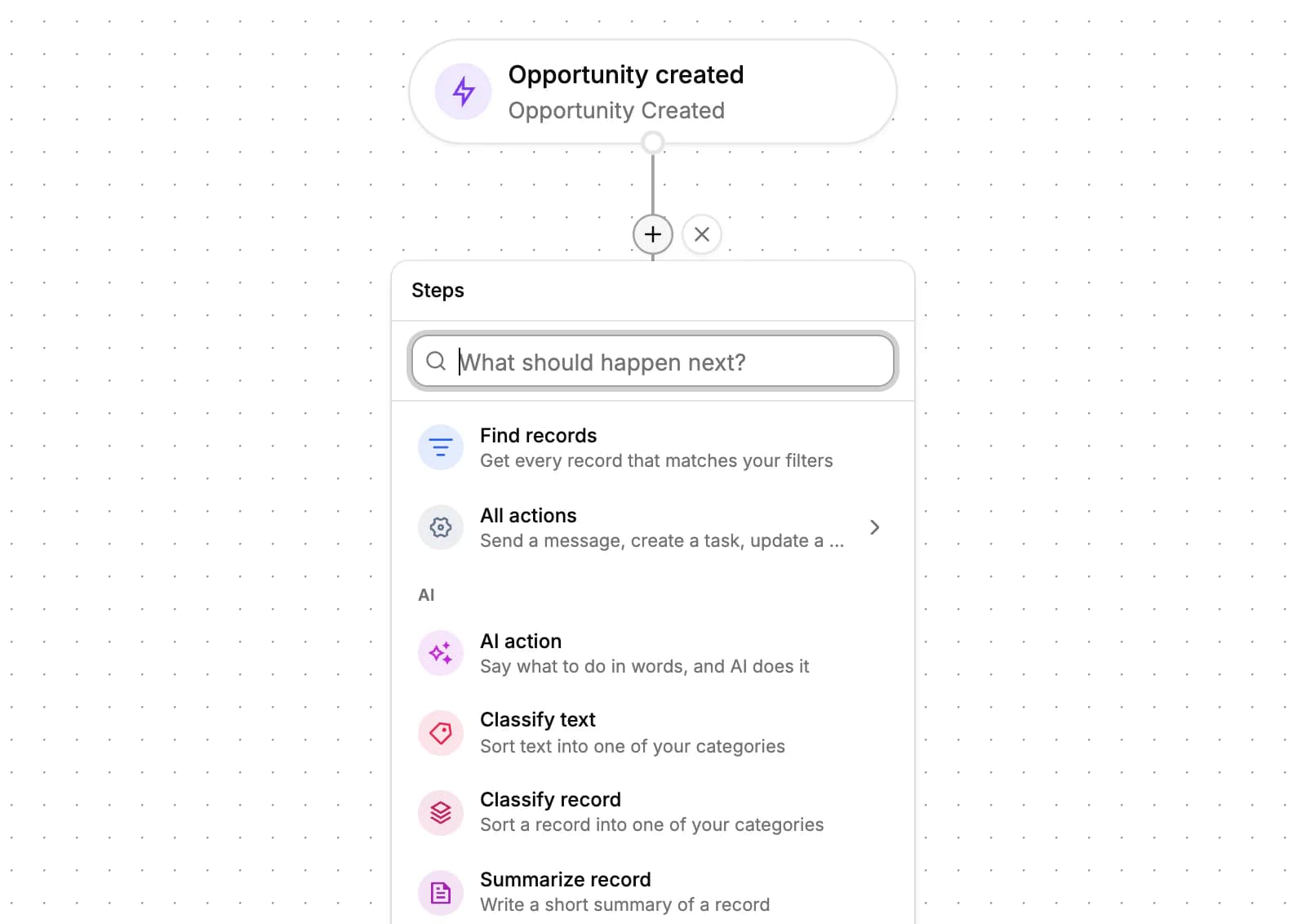 The step picker open under the trigger card, listing Find records, All actions and the AI steps: AI action, Classify text, Classify record and Summarize record