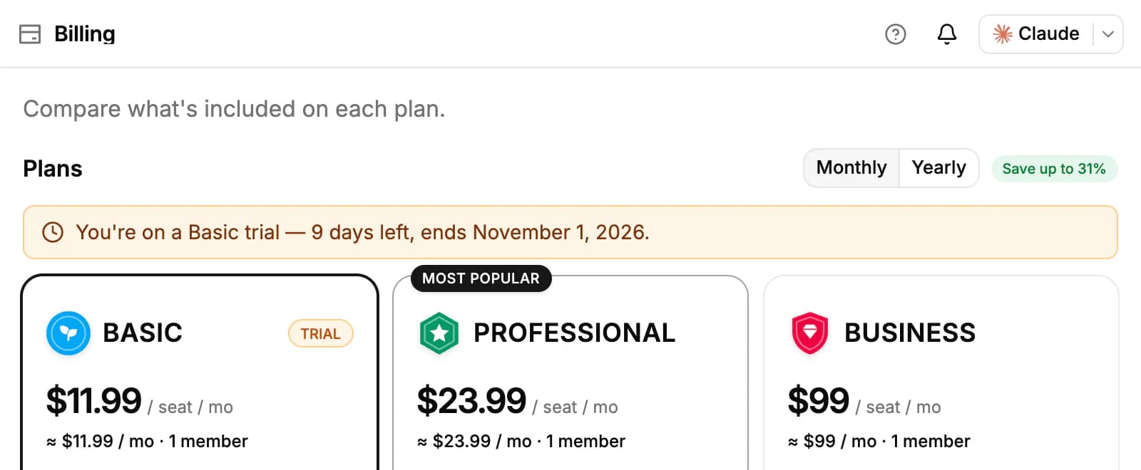 Settings, Billing: the Monthly and Yearly switch, a Basic trial notice, and the Basic, Professional and Business plans with their per-seat prices