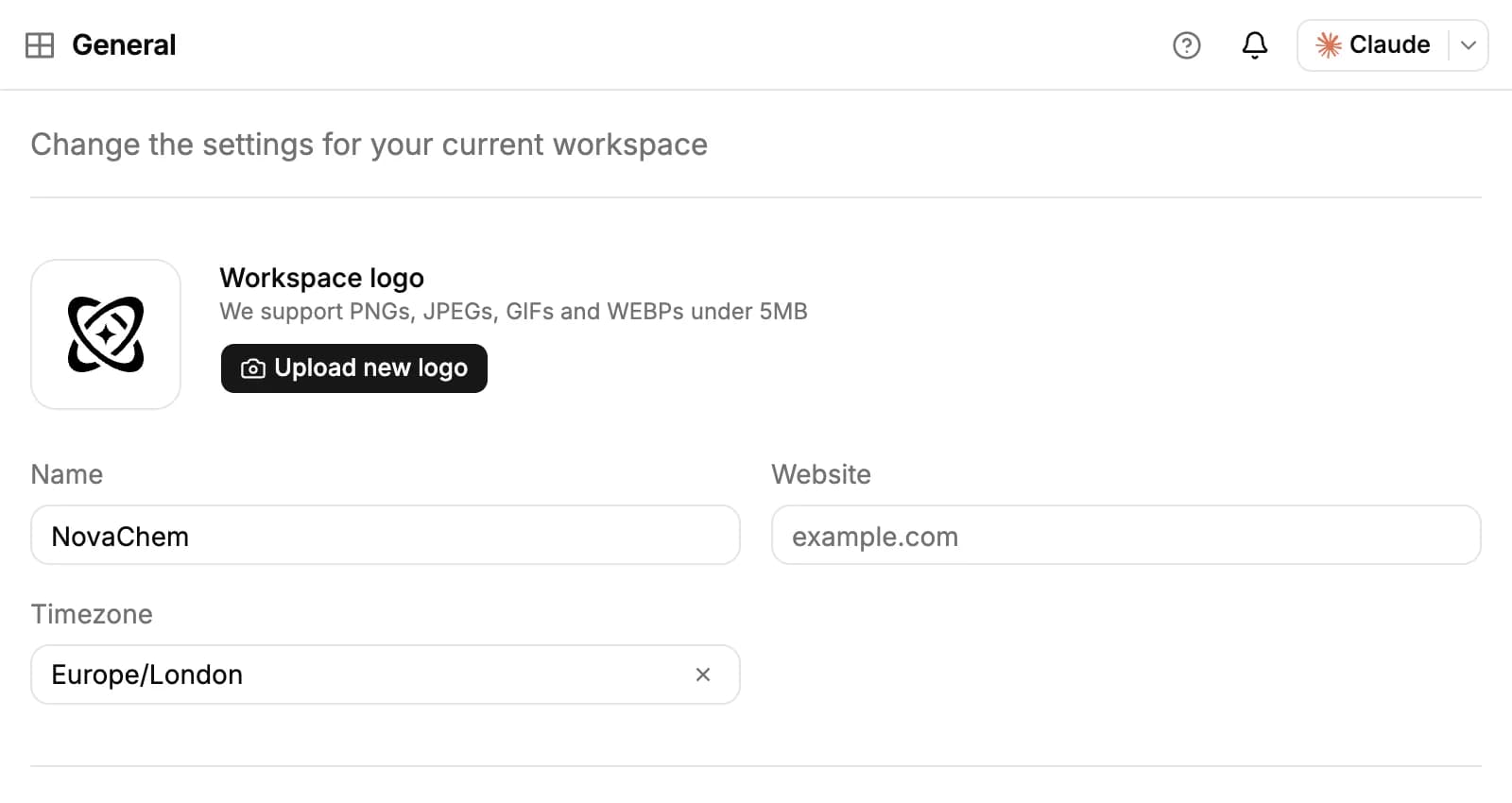 Settings, General: the workspace logo with Upload new logo, and the Name, Website and Timezone fields