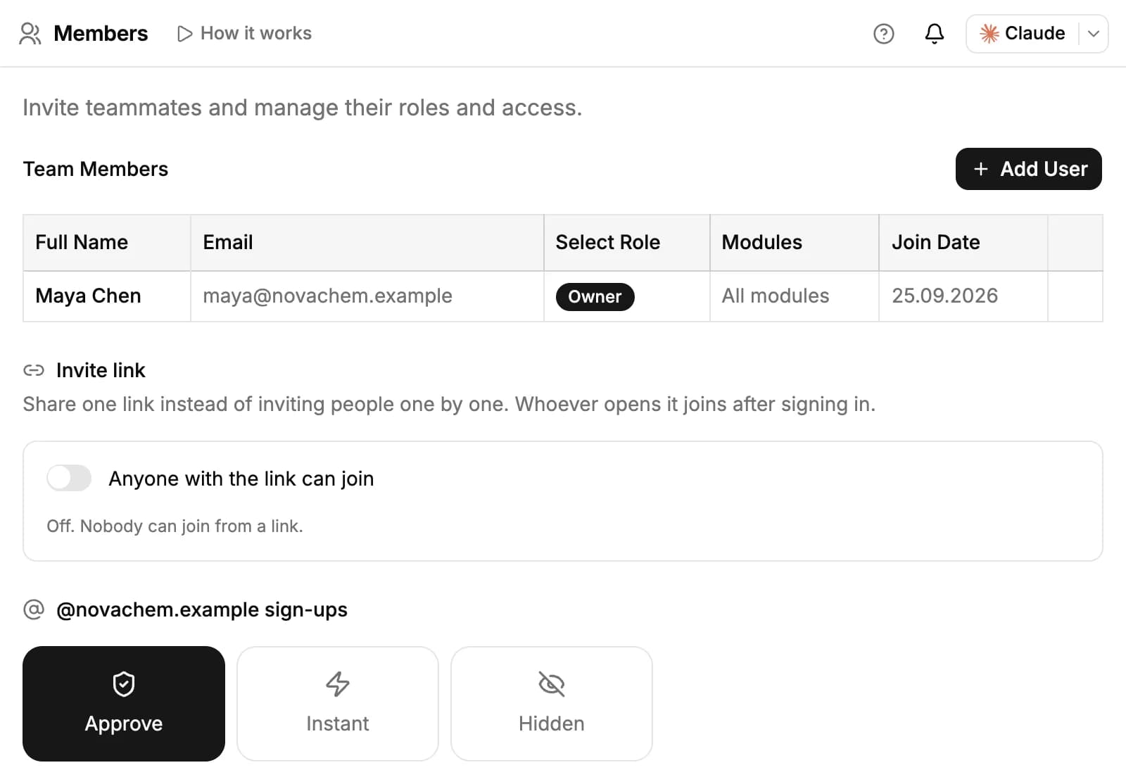Settings, Members: the team members table with one owner, the Invite link switch and the sign-up choices Approve, Instant and Hidden