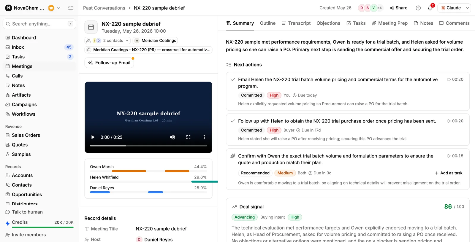 A recorded meeting in PromptLab with its AI summary and action items