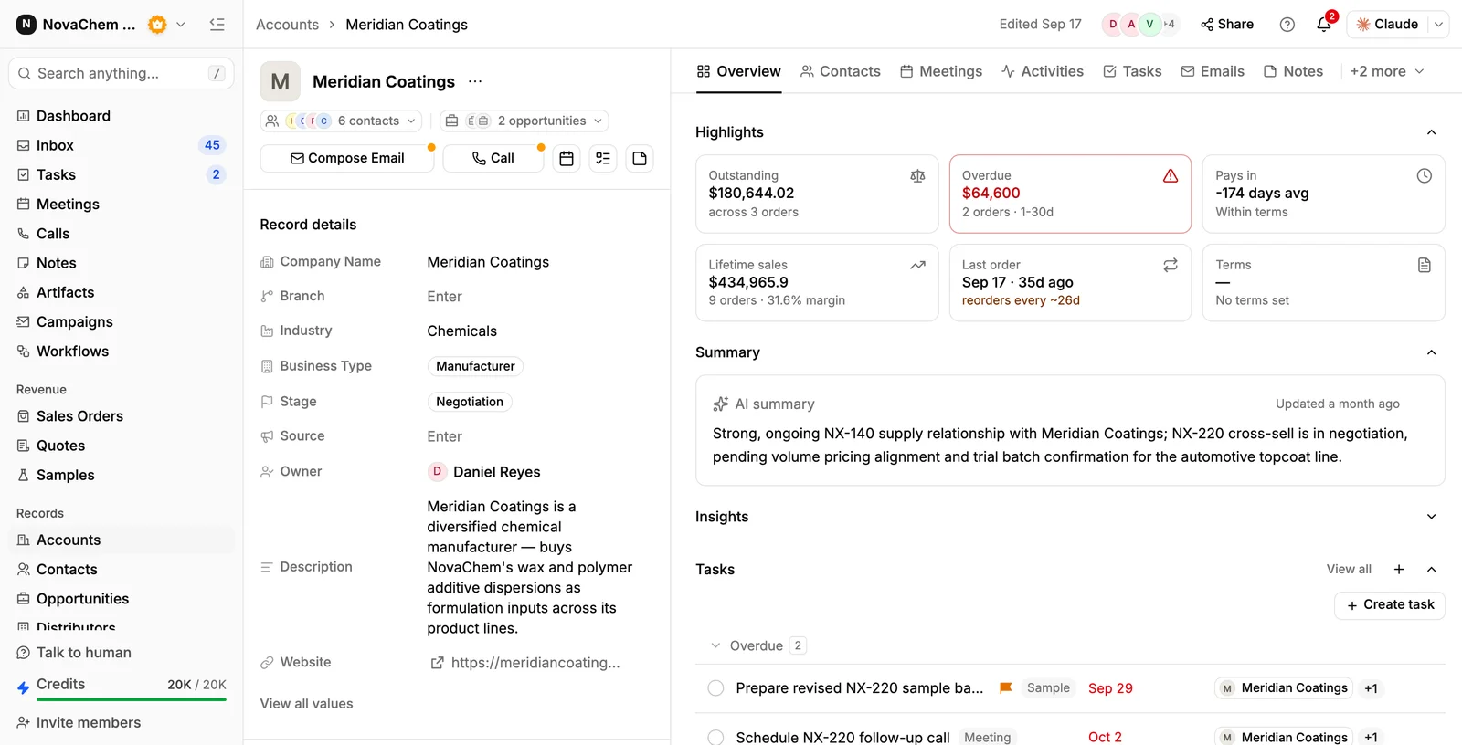 An account record in PromptLab with its deals, contacts and activity
