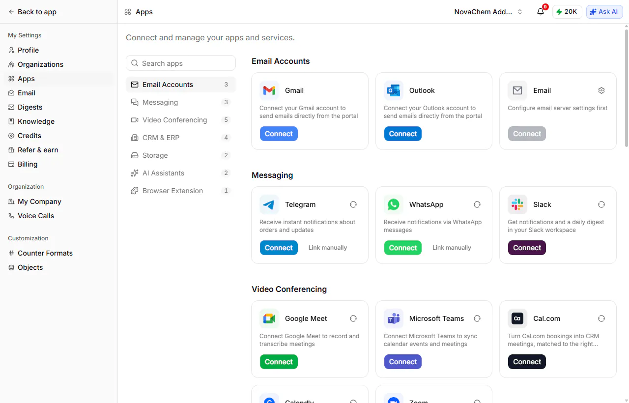 PromptLab's Settings → Apps screen with the email, meeting, messaging and CRM integrations