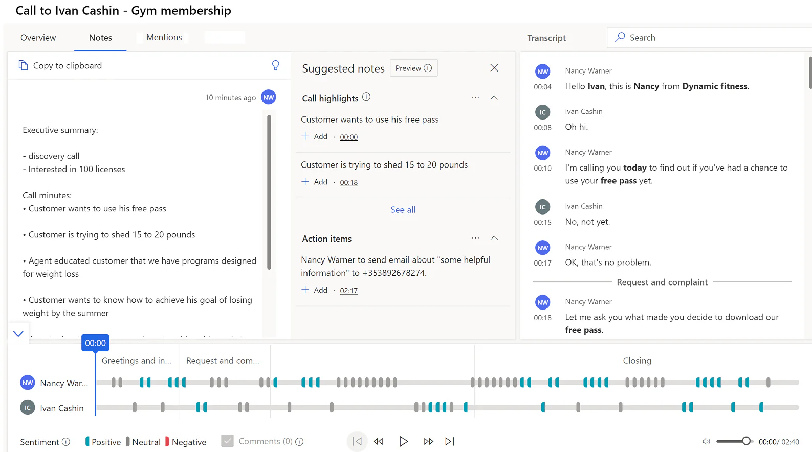 Сводка звонка в Dynamics 365: заметки, предлагаемые выводы, действия, расшифровка и шкала настроения