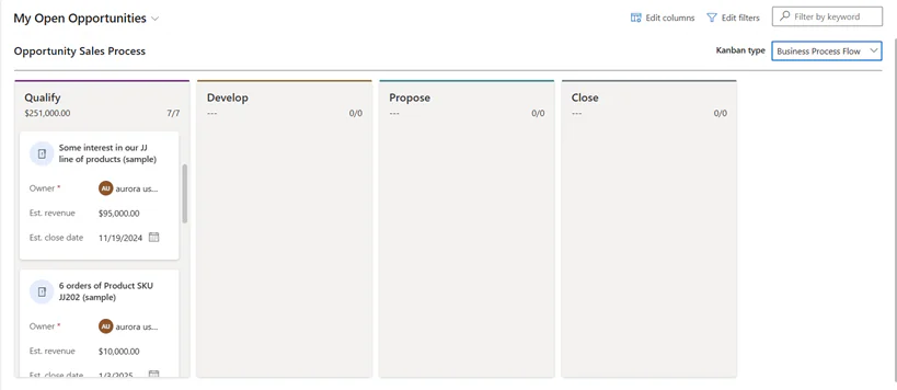 Kanban сделок Dynamics 365 со столбцами Qualify, Develop, Propose и Close