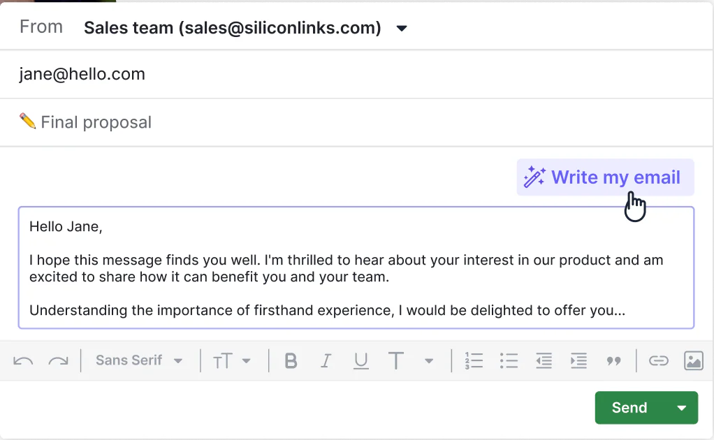 Der E-Mail-Editor von Pipedrive mit der Schaltfläche Write my email und einer von der KI entworfenen Nachricht