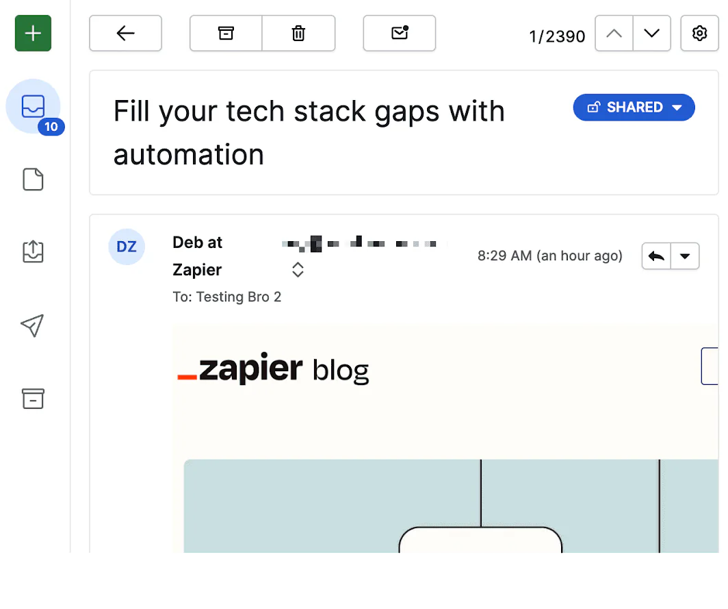 Der E-Mail-Posteingang von Pipedrive mit einer geöffneten geteilten E-Mail