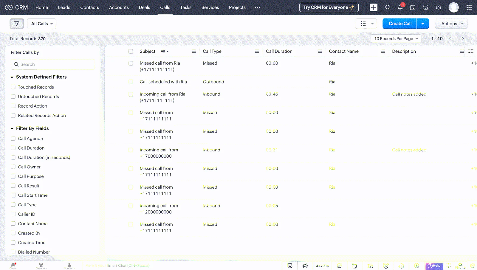 Das Calls-Modul von Zoho CRM: eine Liste von Anrufen mit Typ, Dauer, Kontakt und getippter Beschreibung
