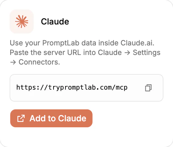 Die Claude-Karte in den Apps-Einstellungen von PromptLab, mit der einzufügenden Server-URL und einer Schaltfläche Add to Claude.