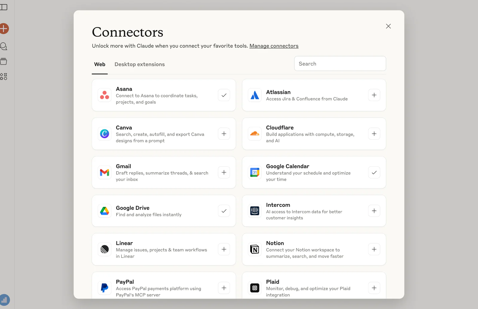 Der Connectors-Bildschirm von Claude mit den Tools, mit denen sich Claude verbinden kann.