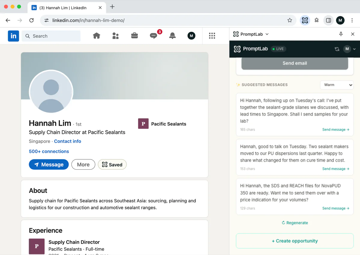 Opening messages drafted by PromptLab's Chrome extension