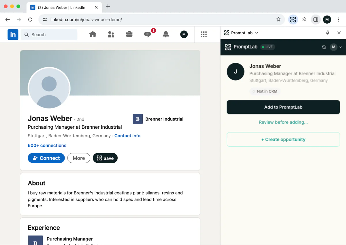 Saving a LinkedIn profile to PromptLab with the Chrome extension