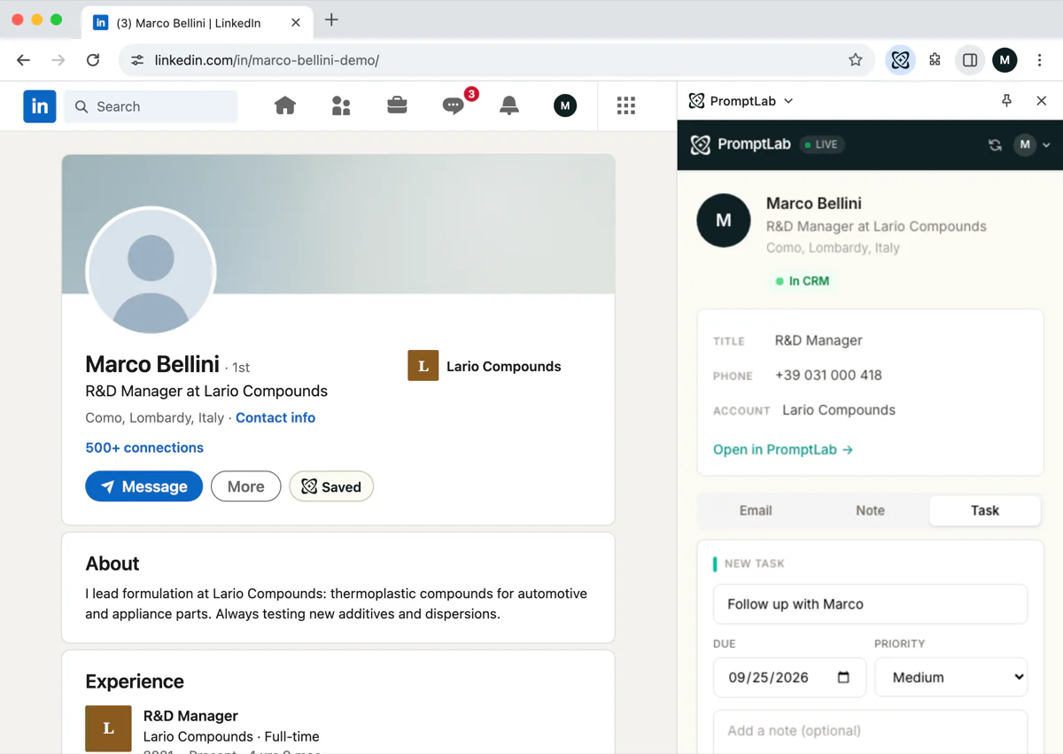 Боковая панель расширения рядом с профилем LinkedIn с открытой вкладкой Task: задача на follow-up со сроком и приоритетом.