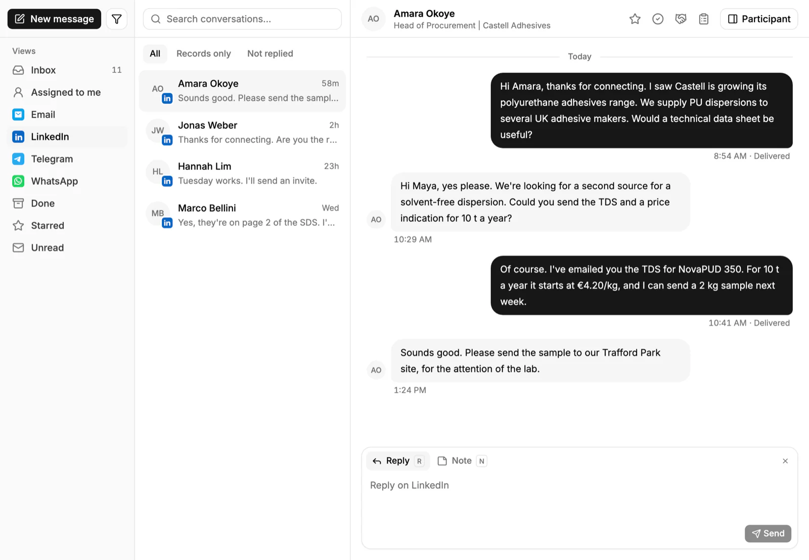 Inbox PromptLab в разделе LinkedIn: переписка с Amara Okoye, Head of Procurement в Castell Adhesives, и поле Reply on LinkedIn.