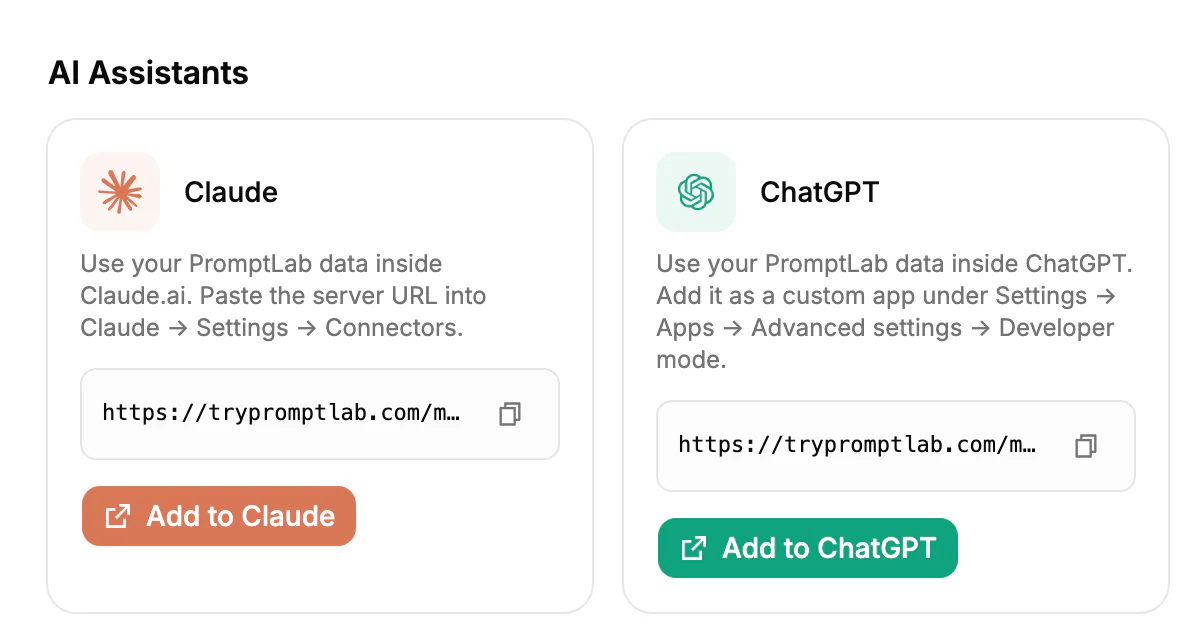 The AI assistants section of PromptLab's settings, with Claude and ChatGPT