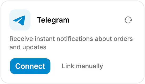 Карточка Telegram в настройках Apps в PromptLab: мгновенные уведомления о заказах и обновлениях.