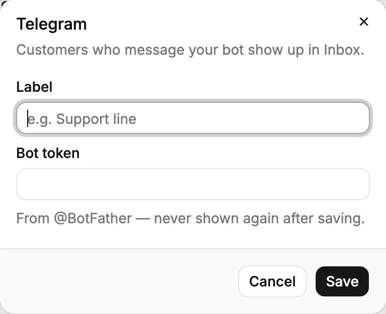 Форма подключения Telegram в PromptLab: название и токен бота от @BotFather.