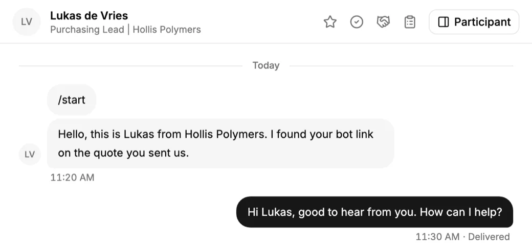 Чат Telegram в Inbox PromptLab, который начинается с /start: клиент нашёл ссылку на бота компании в предложении и написал первым.