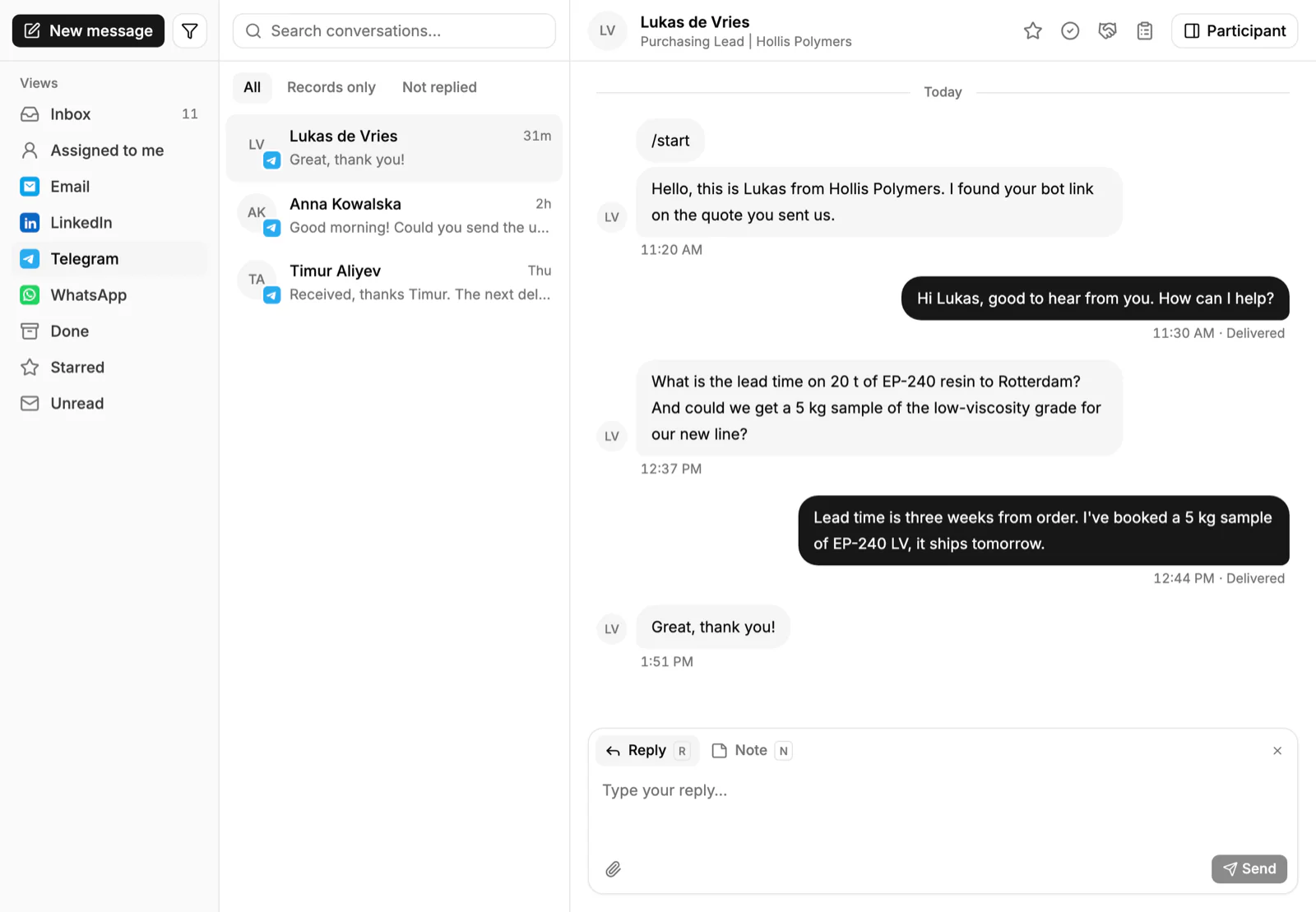 A Telegram conversation with a buyer in PromptLab's shared Inbox
