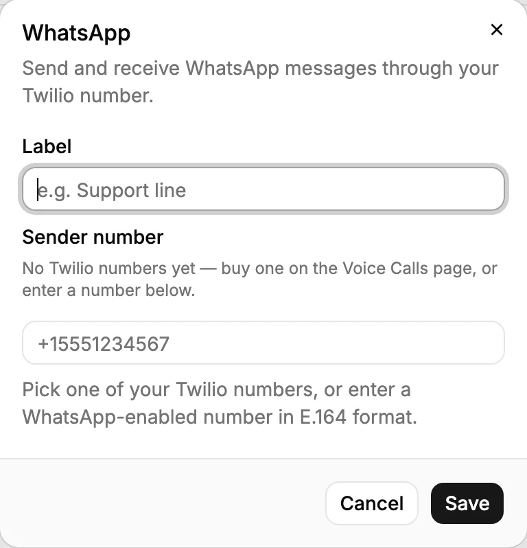 Das WhatsApp-Verbindungsformular von PromptLab: eine Bezeichnung und die WhatsApp-fähige Twilio-Absendernummer.