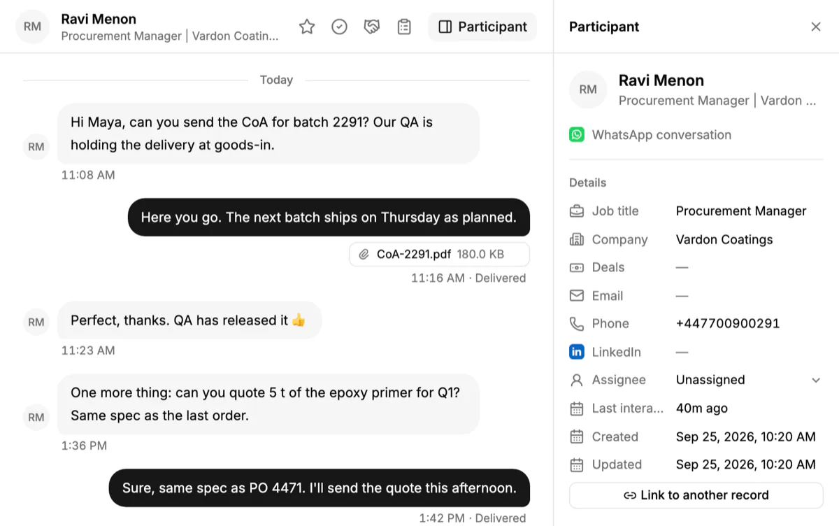 A WhatsApp conversation linked to its account in PromptLab