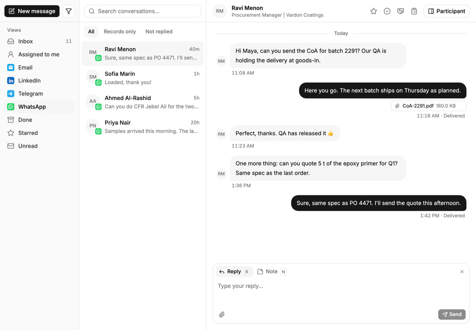 A WhatsApp conversation with a buyer in PromptLab's shared Inbox