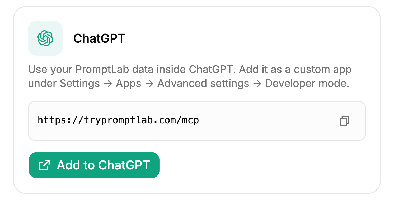 PromptLab → Settings → Apps → AI Assistants, with the address on the card