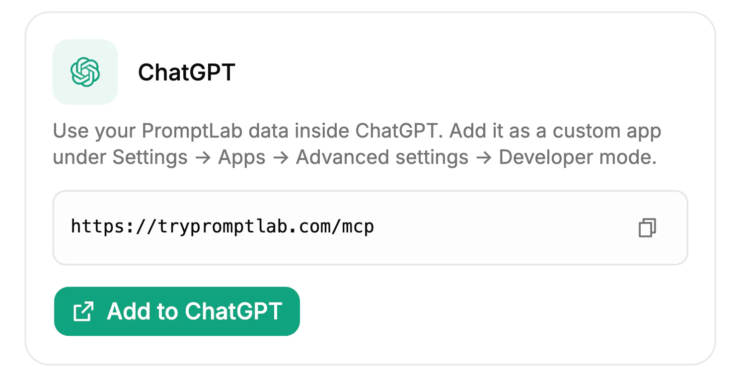 PromptLab → Settings → Apps → AI Assistants, with the address on the card