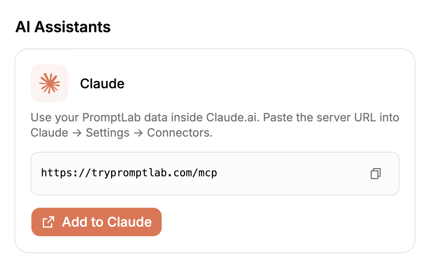 PromptLab → Settings → Apps → AI Assistants, with the address on the card