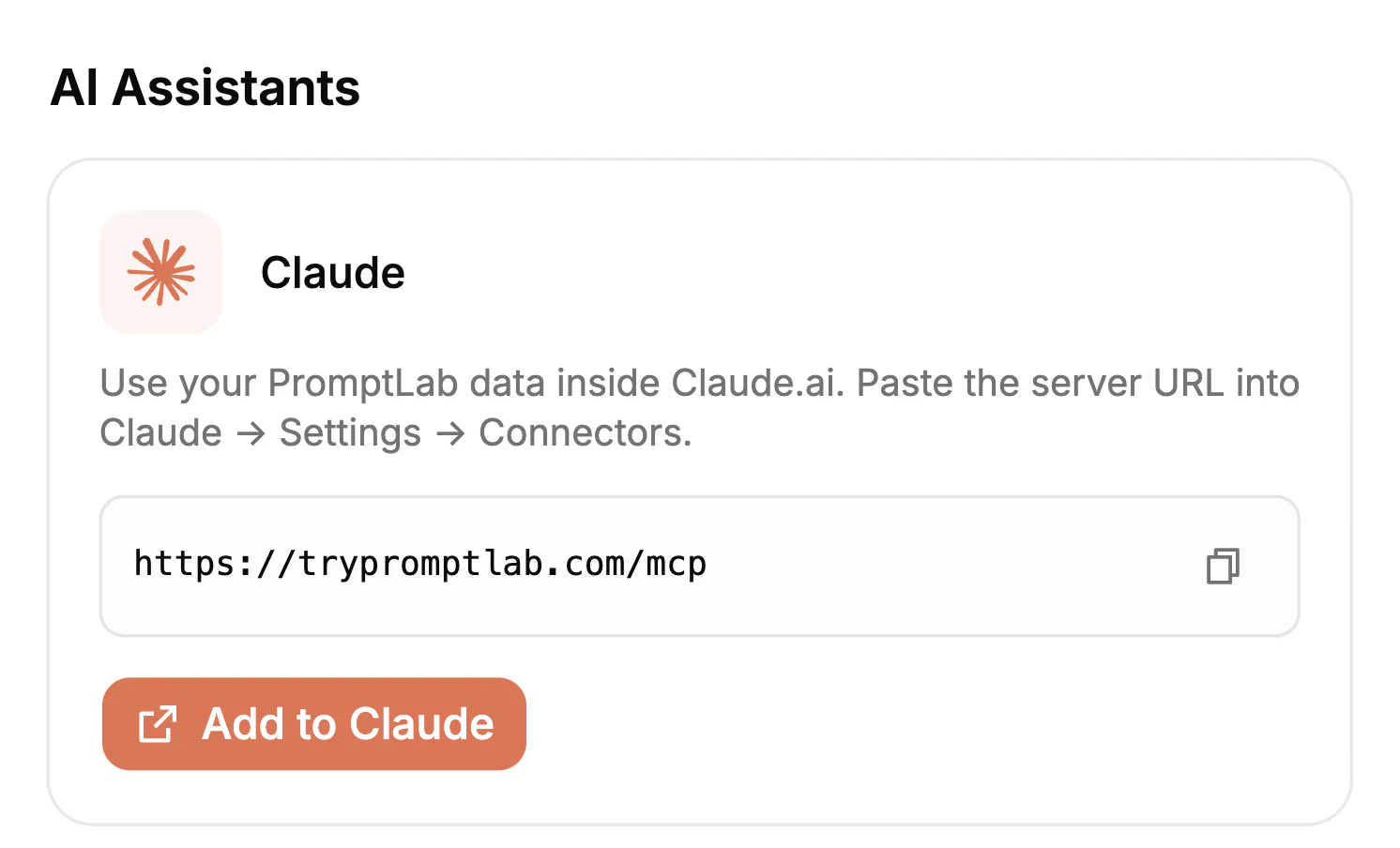 PromptLab → Settings → Apps → AI Assistants, with the address on the card