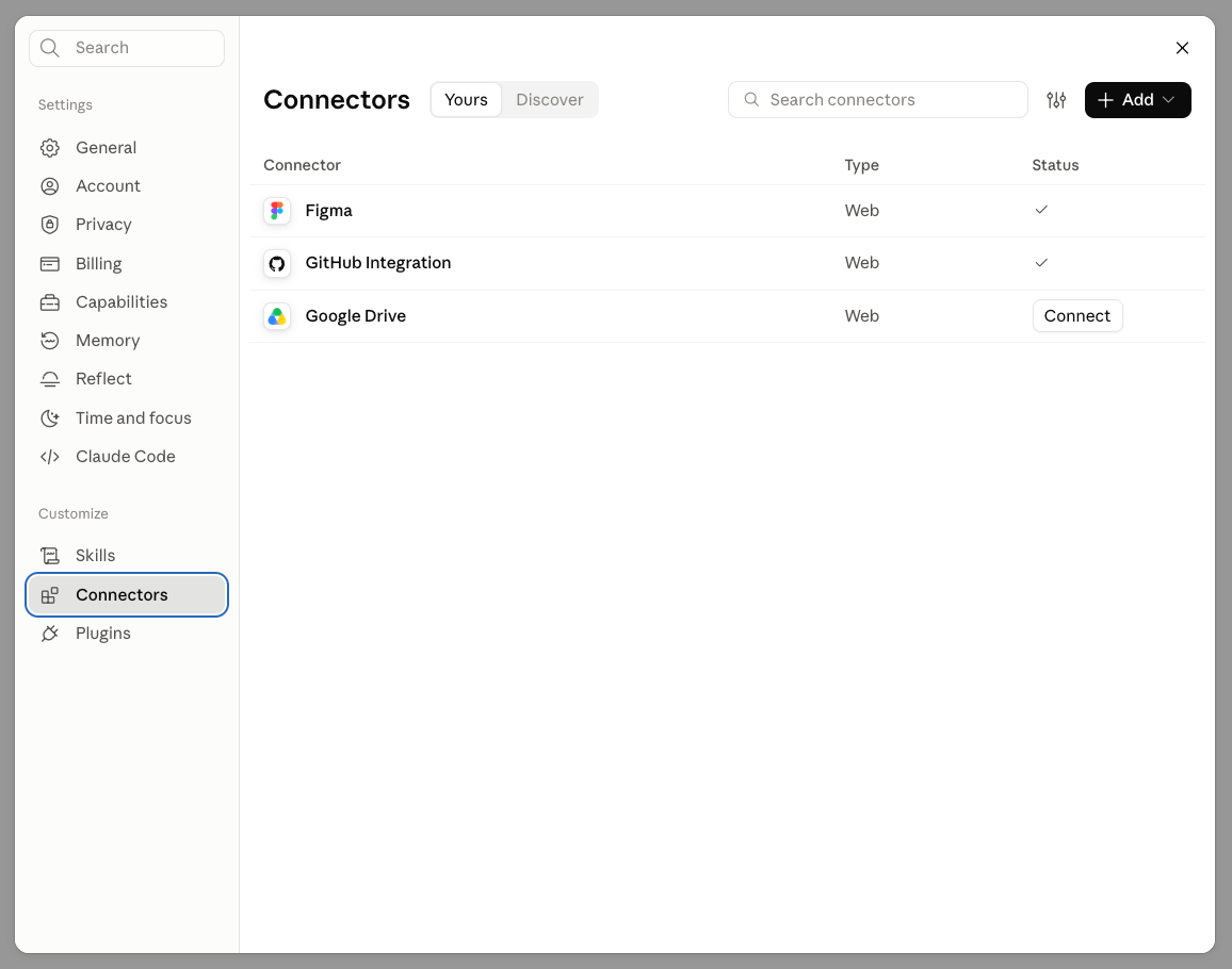 Claude → Settings → Connectors
