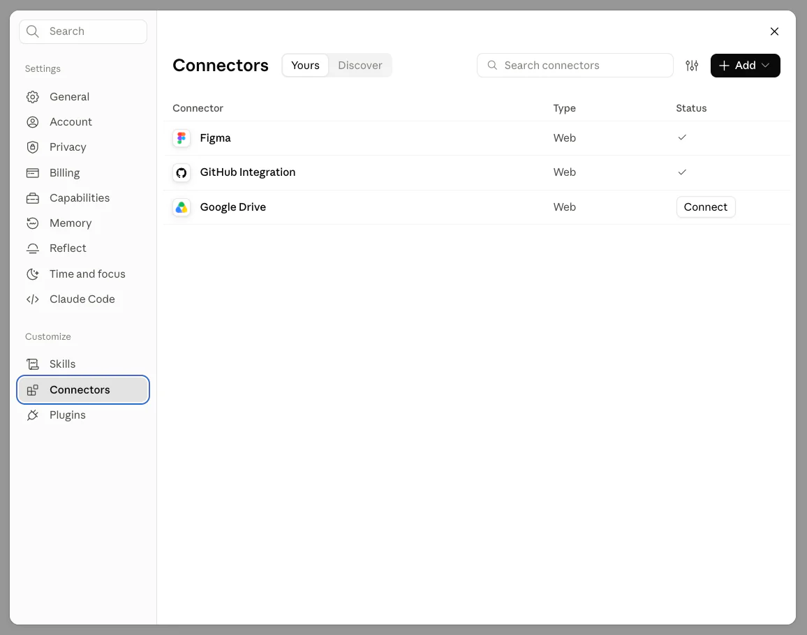 Claude → Settings → Connectors