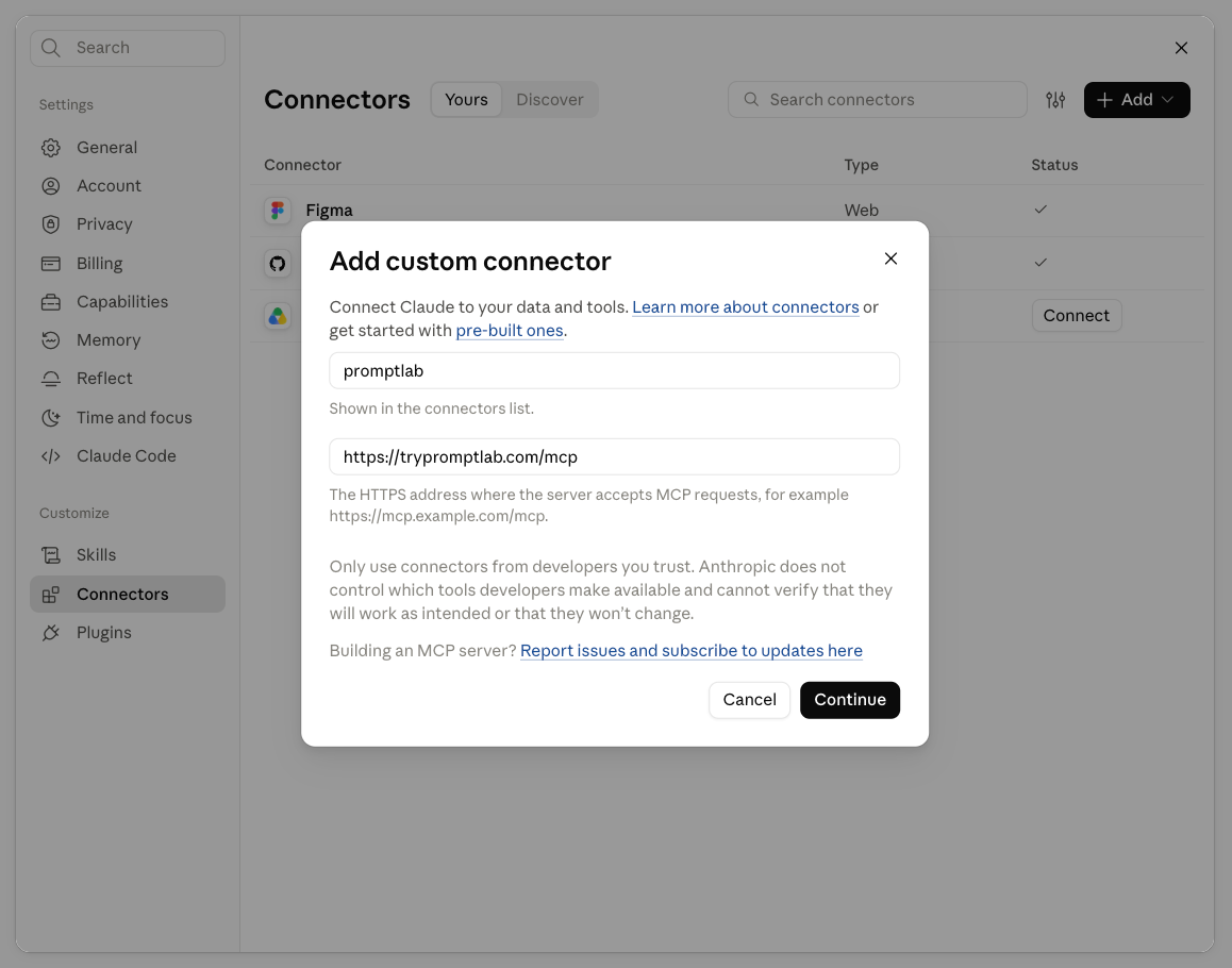 Claude's custom connector form filled in with PromptLab and the address