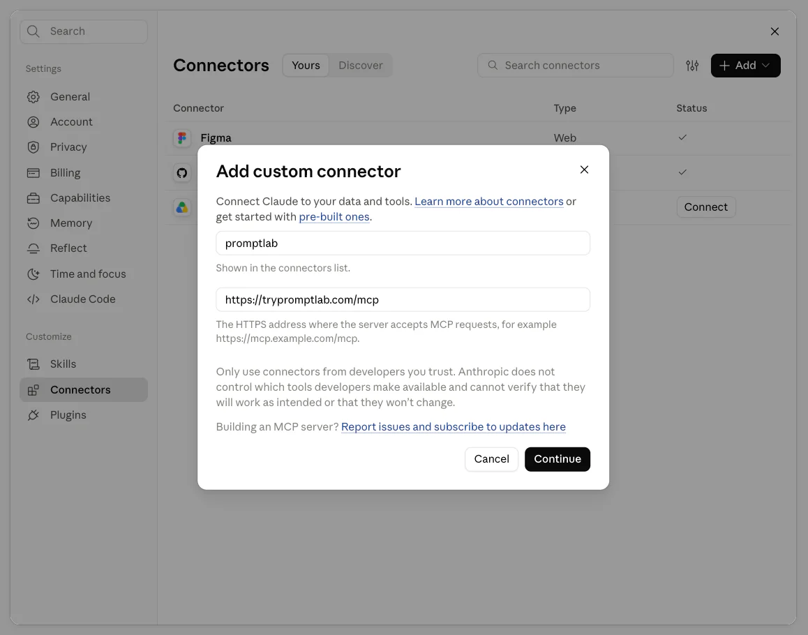 Claude's custom connector form filled in with PromptLab and the address
