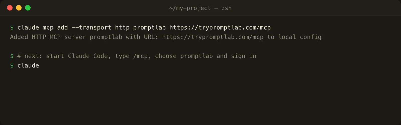 The claude mcp add command adding the promptlab server in a terminal