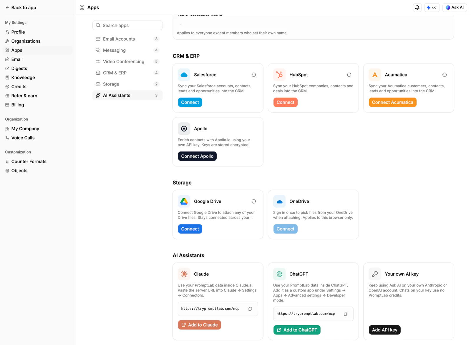 PromptLab → Settings → Apps → AI Assistants, with the address on the card