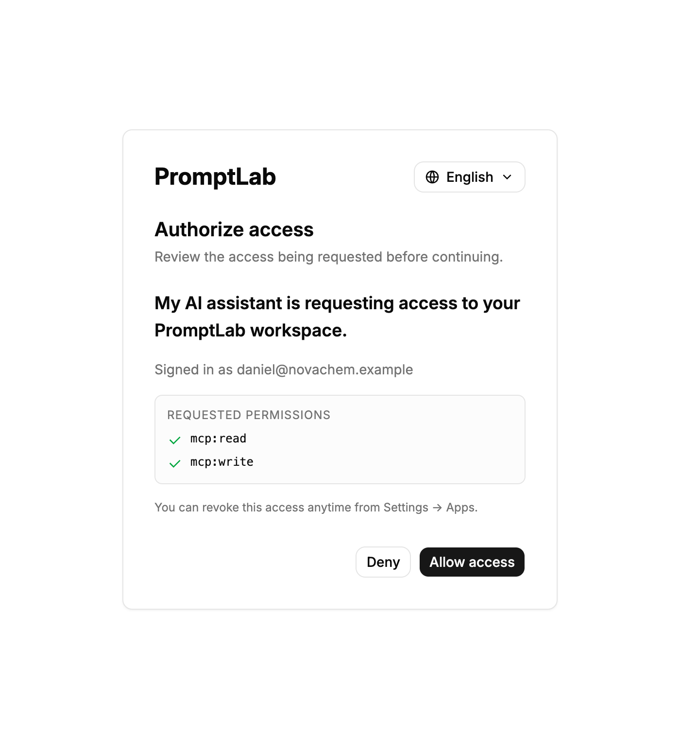 PromptLab's Authorize access page