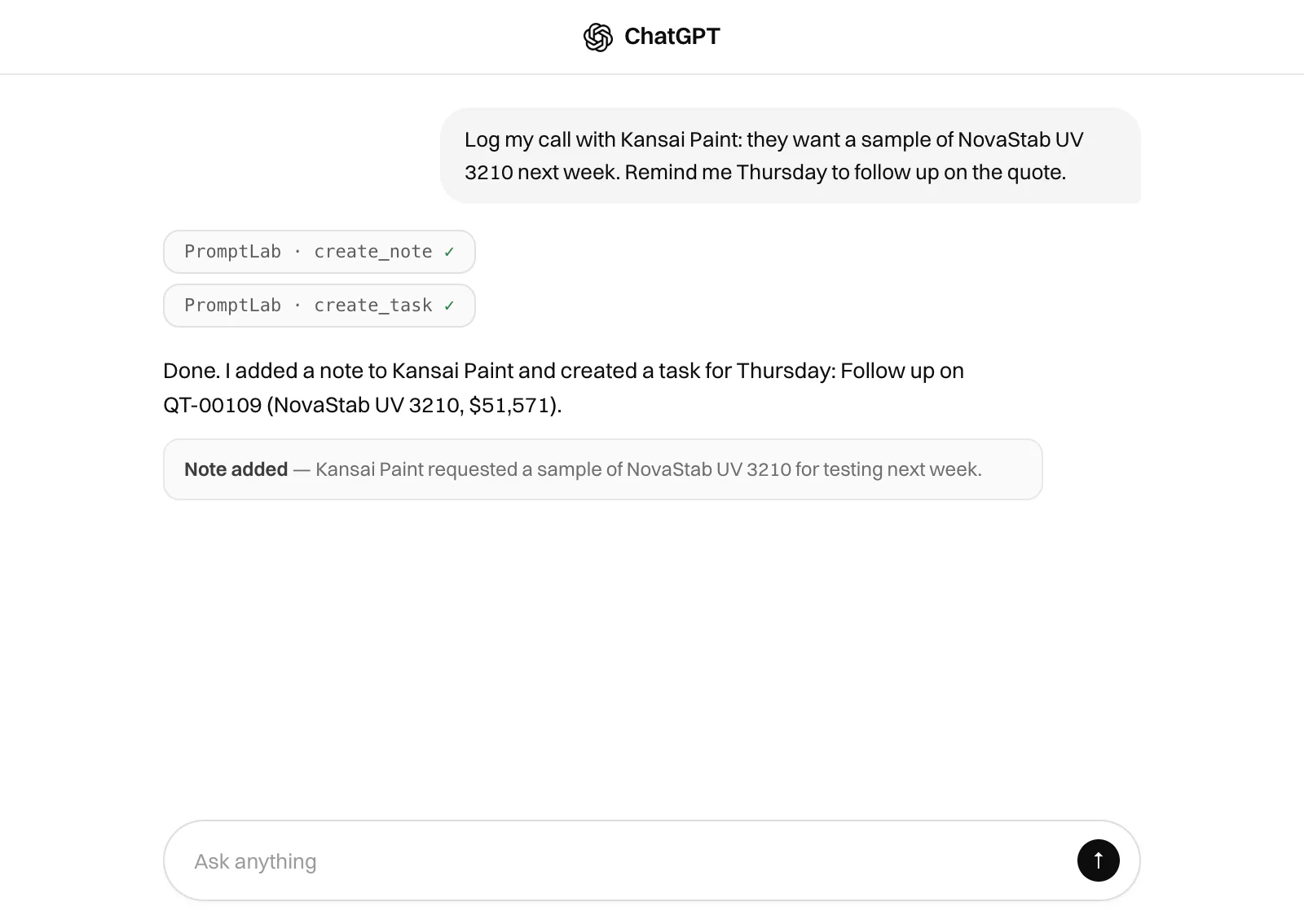 ChatGPT logging a call to PromptLab