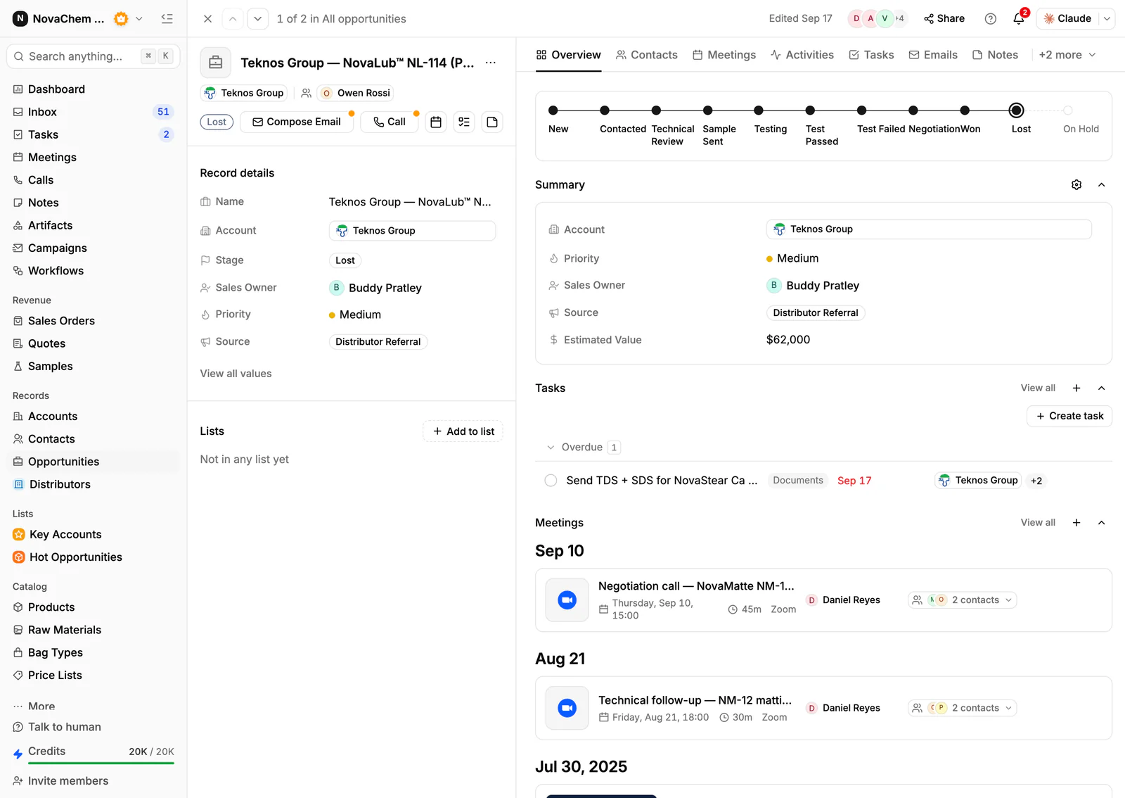 An opportunity in PromptLab filled in from captured emails and meetings
