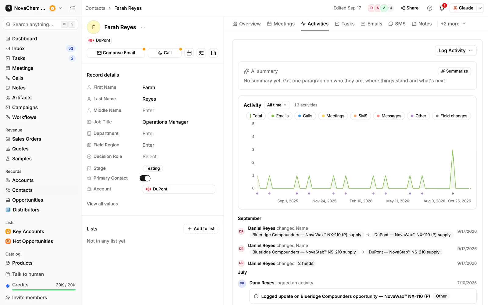 A contact's activity timeline in PromptLab