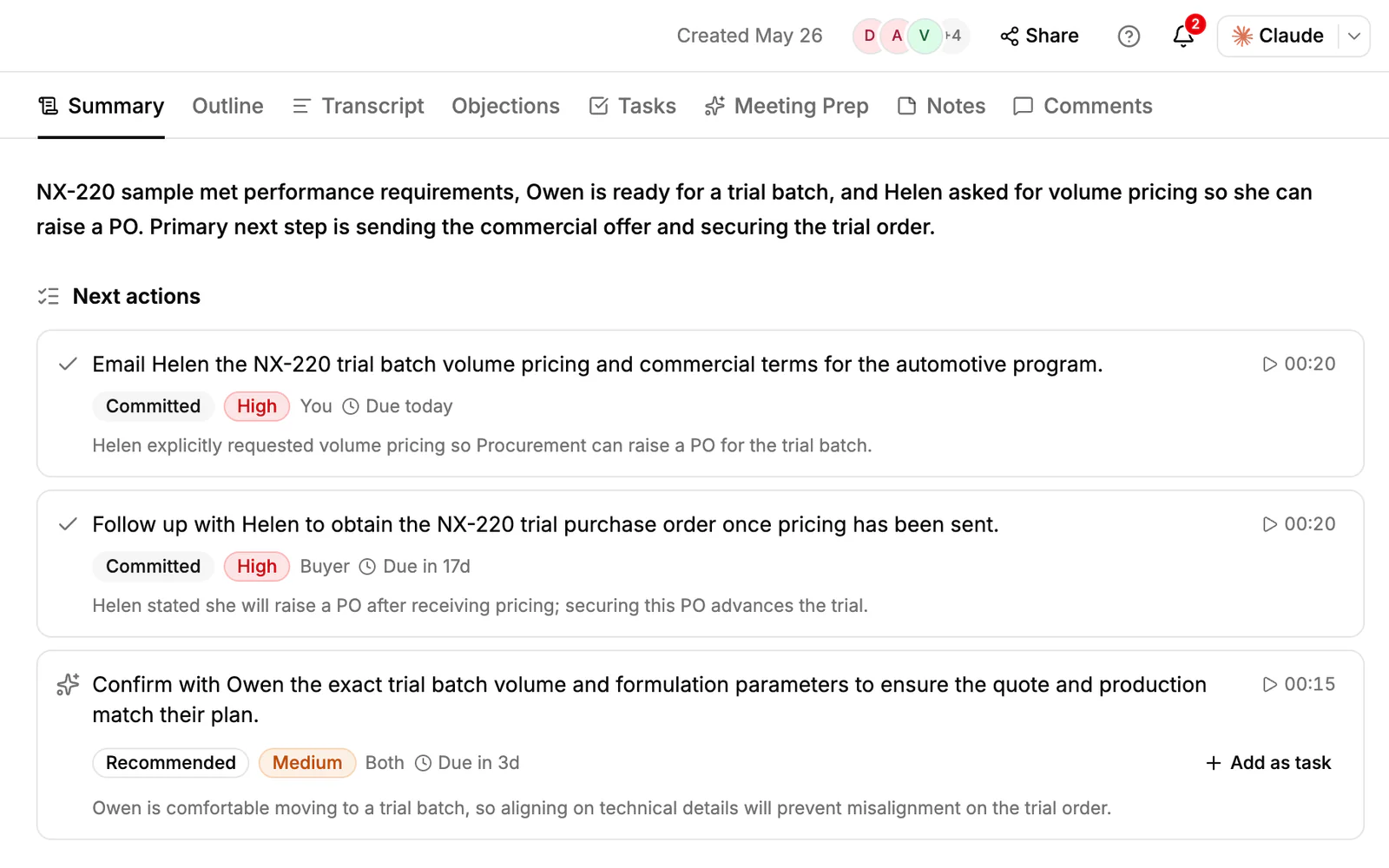 A recorded call in PromptLab summarized into next actions with owners and due dates, one of them being added as a task.