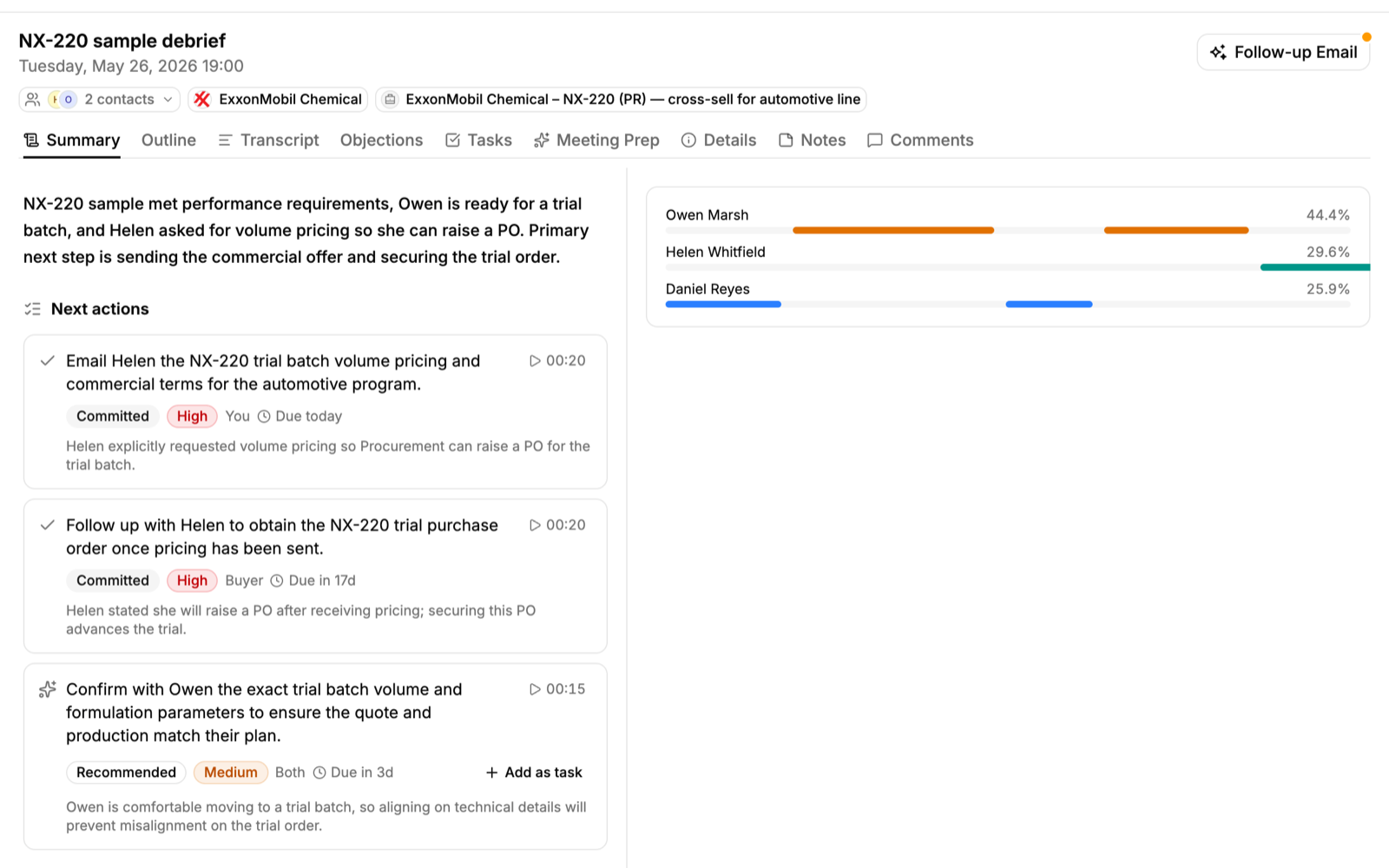 A recorded call in PromptLab summarized into next actions with owners and due dates, plus talk time per speaker.